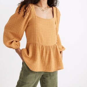 Madewell Lightspun Millbrook Puff-Sleeve Peplum Top in Windowpane